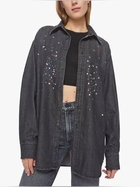 Mother 100% Cotton The Extra Roomie Frenchie Embellished Denim Shirt S Western
